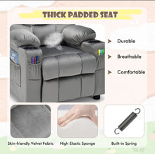 Load image into Gallery viewer, Very Cute & Adorable Kids, Children’s Recliner Sofa Chair Couch With Cup Holder | Footrest Velvet Or PU Leather | Padded Backrest | Wide Armrest | Retractable Footrest | Pockets