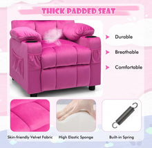 Load image into Gallery viewer, Very Cute & Adorable Kids, Children’s Recliner Sofa Chair Couch With Cup Holder | Footrest Velvet Or PU Leather | Padded Backrest | Wide Armrest | Retractable Footrest | Pockets