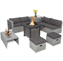 Load image into Gallery viewer, Classy & Elegant 9 Piece Wicker Outdoor Patio Furniture Set With 32 Inch Propane Fire Pit Table | Storage | Cover | Comfy Seating | High Quality | PE Rattan