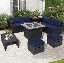 Load image into Gallery viewer, Elegant & Classy 9 Piece Outdoor Wicker Sectional With 35 Inch Gas Fire Pit Table Heavy Duty | In 6 Colours | Cover | Patio furniture