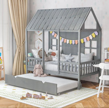Load image into Gallery viewer, Very Adorable Elegant Twin Size Kids Bed Frame House Bed With Trundle, 82 inch Tall Roof | Heavy Duty | Space Saving