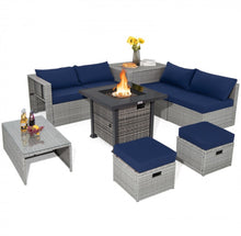 Load image into Gallery viewer, Classy & Elegant 9 Piece Wicker Outdoor Patio Furniture Set With 32 Inch Propane Fire Pit Table | Storage | Cover | Comfy Seating | High Quality | PE Rattan