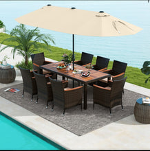 Load image into Gallery viewer, Heavy Duty Outdoor Patio 10-Piece Dining Set With 15 Feet Double-Sided Twin Patio Umbrella, Rustic Acadia Wood, Wicker, Rattan, Very Comfortable