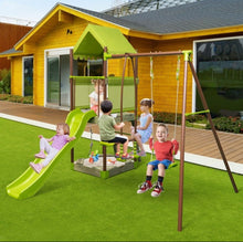 Load image into Gallery viewer, Heavy Duty Playful 7-in-1 Outdoor Metal Swing Playground With Covered Fort, Sandbox, Cool Wave Slide, Climbing Rope, Glider, Adjustable Swing, Cedar Wood