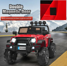 Load image into Gallery viewer, Super Cool Jeep Style 12V Electric Kids Ride On Car 1 Seater | LED Lights | Horn | Open Doors | Transport Handle | Slow Safety Start | Suspension | Remote