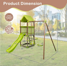 Load image into Gallery viewer, Heavy Duty Playful 7-in-1 Outdoor Metal Swing Playground With Covered Fort, Sandbox, Cool Wave Slide, Climbing Rope, Glider, Adjustable Swing, Cedar Wood