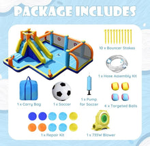 Load image into Gallery viewer, Super Fun Massive Inflatable Soccer Theme Bouncy Park Water Slide,Climbing,735W Blower,Soccer Ball,Carry Bag,Hose,Balls,Repair Kit,Water Cannon,