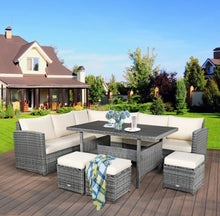 Load image into Gallery viewer, Very Relaxing Heavy Duty 7-Piece Cushiony Outdoor Furniture Wicker Sectional Sofa Patio Set With Dining Table