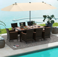 Load image into Gallery viewer, Heavy Duty Outdoor Patio 10-Piece Dining Set With 15 Feet Double-Sided Twin Patio Umbrella, Rustic Acadia Wood, Wicker, Rattan, Very Comfortable
