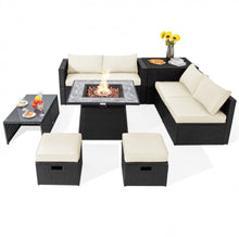 Load image into Gallery viewer, Elegant & Classy 9 Piece Outdoor Wicker Sectional With 35 Inch Gas Fire Pit Table Heavy Duty | In 6 Colours | Cover | Patio furniture