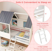 Load image into Gallery viewer, Super Adorable Twin Size Kids Heavy Duty House Bed Low Loft Bed Solid WoodFrame With Roof | 2 Step Ladder | High Guardrails | Under Bed Space | Window Openings | Holds 350lbs