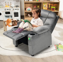 Load image into Gallery viewer, Very Cute & Adorable Kids, Children’s Recliner Sofa Chair Couch With Cup Holder | Footrest Velvet Or PU Leather | Padded Backrest | Wide Armrest | Retractable Footrest | Pockets