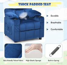 Load image into Gallery viewer, Very Cute & Adorable Kids, Children’s Recliner Sofa Chair Couch With Cup Holder | Footrest Velvet Or PU Leather | Padded Backrest | Wide Armrest | Retractable Footrest | Pockets