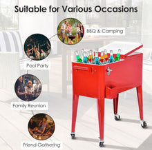 Load image into Gallery viewer, Heavy Duty Cool Red Portable Patio Cooler Cart With Side Bottle Opener, Cap Catcher| 80QT | BBQ | Camping | Gatherings | Drain Plug | Wheels