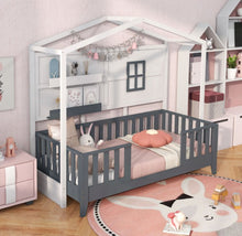 Load image into Gallery viewer, Super Cute & Adorable Modern Twin House Montessori Floor Bed With 2 Shelves | Guardrails | Solid Wood | Transition For Growth | Holds 400lbs