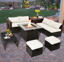 Load image into Gallery viewer, Elegant 9 Pieces Patio PE Wicker Patio Furniture Sectional Set | 50,000 BTU Fire Pit Table | 6 Colours | Storage | Cover | Very Comfortable