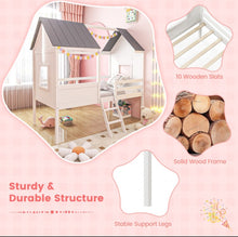 Load image into Gallery viewer, Super Adorable Twin Size Kids Heavy Duty House Bed Low Loft Bed Solid WoodFrame With Roof | 2 Step Ladder | High Guardrails | Under Bed Space | Window Openings | Holds 350lbs