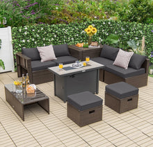 Load image into Gallery viewer, Elegant & Classy 9 Piece Set Outdoor Patio Furniture Set With 42 Inch Propane Fire Pit Table | Heavy Duty | Cover | Storage | In 6 Colours