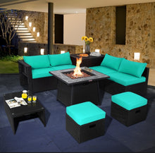 Load image into Gallery viewer, Elegant & Classy 9 Piece Outdoor Wicker Sectional With 35 Inch Gas Fire Pit Table Heavy Duty | In 6 Colours | Cover | Patio furniture