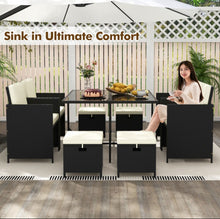 Load image into Gallery viewer, Heavy Duty Beautiful & Elegant Rattan Very Comfortable 9 Piece Outdoor Patio Dining Furniture Set With Tempered Glass Table, Ottomans