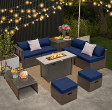 Load image into Gallery viewer, Elegant & Classy 9 Piece Set Outdoor Patio Furniture Set With 42 Inch Propane Fire Pit Table | Heavy Duty | Cover | Storage | In 6 Colours