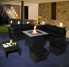 Load image into Gallery viewer, Elegant & Classy 9 Piece Outdoor Wicker Sectional With 35 Inch Gas Fire Pit Table Heavy Duty | In 6 Colours | Cover | Patio furniture