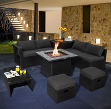 Load image into Gallery viewer, Elegant & Classy 9 Piece Outdoor Wicker Sectional With 35 Inch Gas Fire Pit Table Heavy Duty | In 6 Colours | Cover | Patio furniture