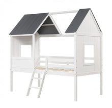 Load image into Gallery viewer, Super Adorable Twin Size Kids Heavy Duty House Bed Low Loft Bed Solid WoodFrame With Roof | 2 Step Ladder | High Guardrails | Under Bed Space | Window Openings | Holds 350lbs