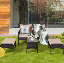 Load image into Gallery viewer, Elegant Outdoor Patio 5-Piece Furniture Rattan Sofa Ottoman Set With Cushions | Comes With 2 Ottomans,1 Coffee Table,2 Armchairs 1 Side Table, Cushions
