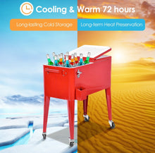 Load image into Gallery viewer, Heavy Duty Cool Red Portable Patio Cooler Cart With Side Bottle Opener, Cap Catcher| 80QT | BBQ | Camping | Gatherings | Drain Plug | Wheels