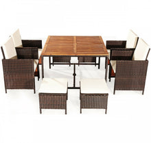 Load image into Gallery viewer, Heavy Duty Very Comfortable Modern 9-Piece Patio Rattan Dining Thick Cushioned Patio Furniture Set With Chairs, Dining Table, Ottomans, Acacia Wood