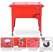 Load image into Gallery viewer, Heavy Duty Cool Red Portable Patio Cooler Cart With Side Bottle Opener, Cap Catcher| 80QT | BBQ | Camping | Gatherings | Drain Plug | Wheels