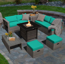 Load image into Gallery viewer, Classy & Elegant 9 Piece Wicker Outdoor Patio Furniture Set With 32 Inch Propane Fire Pit Table | Storage | Cover | Comfy Seating | High Quality | PE Rattan