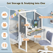 Load image into Gallery viewer, Super Cute & Adorable Modern  Twin Or Full Bed Frame House With Roof Canopy And Fence For Children, Kids | Heavy Duty  | Bed Space | Montessori | Desk, Drawers