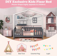 Load image into Gallery viewer, Super Cute & Adorable Modern Twin House Montessori Floor Bed With 2 Shelves | Guardrails | Solid Wood | Transition For Growth | Holds 400lbs