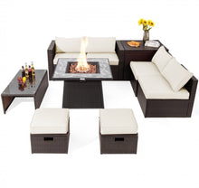 Load image into Gallery viewer, Elegant 9 Pieces Patio PE Wicker Patio Furniture Sectional Set | 50,000 BTU Fire Pit Table | 6 Colours | Storage | Cover | Very Comfortable
