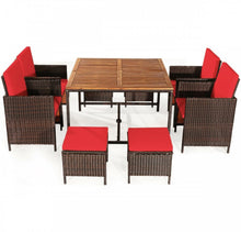 Load image into Gallery viewer, Heavy Duty Very Comfortable Modern 9-Piece Patio Rattan Dining Thick Cushioned Patio Furniture Set With Chairs, Dining Table, Ottomans, Acacia Wood