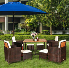 Load image into Gallery viewer, Heavy Duty Very Comfortable Modern 9-Piece Patio Rattan Dining Thick Cushioned Patio Furniture Set With Chairs, Dining Table, Ottomans, Acacia Wood