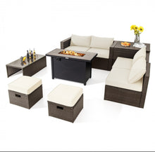 Load image into Gallery viewer, Elegant & Classy 9 Piece Set Outdoor Patio Furniture Set With 42 Inch Propane Fire Pit Table | Heavy Duty | Cover | Storage | In 6 Colours