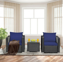 Load image into Gallery viewer, Heavy Duty Steel Frame Modern Beautiful 3-Piece Patio Furniture Wicker Rattan Conversation, Relaxing Set With Thick Comfy Cushions, 5 Colours