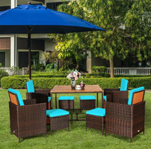Load image into Gallery viewer, Heavy Duty Very Comfortable Modern 9-Piece Patio Rattan Dining Thick Cushioned Patio Furniture Set With Chairs, Dining Table, Ottomans, Acacia Wood