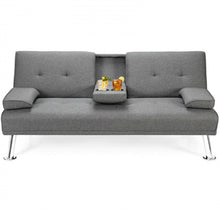 Load image into Gallery viewer, Elegant Heavy Duty Comfortable 3 Convertible Modes Folding Futon 2 Seater Sofa Couch Bed Beautiful Fabric With 2 Cup Holders | Lumbar Pillow