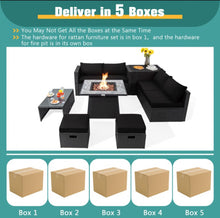 Load image into Gallery viewer, Elegant & Classy 9 Piece Outdoor Wicker Sectional With 35 Inch Gas Fire Pit Table Heavy Duty | In 6 Colours | Cover | Patio furniture