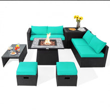 Load image into Gallery viewer, Elegant & Classy 9 Piece Outdoor Wicker Sectional With 35 Inch Gas Fire Pit Table Heavy Duty | In 6 Colours | Cover | Patio furniture
