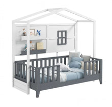Load image into Gallery viewer, Super Cute & Adorable Modern Twin House Montessori Floor Bed With 2 Shelves | Guardrails | Solid Wood | Transition For Growth | Holds 400lbs