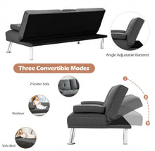 Load image into Gallery viewer, Elegant Heavy Duty Comfortable 3 Convertible Modes Folding Futon 2 Seater Sofa Couch Bed Beautiful Fabric With 2 Cup Holders | Lumbar Pillow