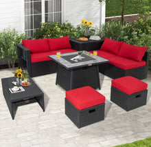 Load image into Gallery viewer, Elegant & Classy 9 Piece Outdoor Wicker Sectional With 35 Inch Gas Fire Pit Table Heavy Duty | In 6 Colours | Cover | Patio furniture