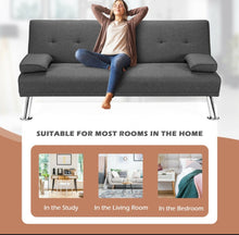 Load image into Gallery viewer, Elegant Heavy Duty Comfortable 3 Convertible Modes Folding Futon 2 Seater Sofa Couch Bed Beautiful Fabric With 2 Cup Holders | Lumbar Pillow
