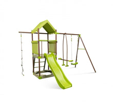 Load image into Gallery viewer, Heavy Duty Playful 7-in-1 Outdoor Metal Swing Playground With Covered Fort, Sandbox, Cool Wave Slide, Climbing Rope, Glider, Adjustable Swing, Cedar Wood