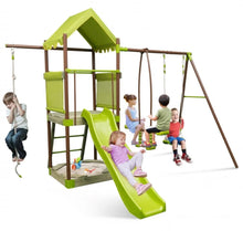 Load image into Gallery viewer, Heavy Duty Playful 7-in-1 Outdoor Metal Swing Playground With Covered Fort, Sandbox, Cool Wave Slide, Climbing Rope, Glider, Adjustable Swing, Cedar Wood